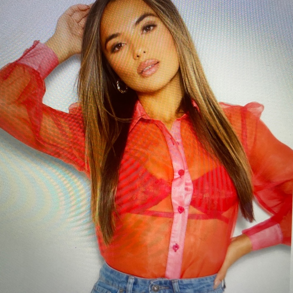 Red Petite Organza Long Sleeve Blouse